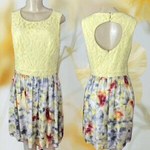 Luxology 10 Yellow Lace Bodice Floral Pleated Open Back Lined Sleeveless Dress
